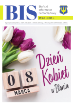 Okładka Błońskiego Informatora Samorządowego numer 2-3 z 2025 roku, na obrazku fioletowe i białe tulipany oraz napis 8 marca dzień kobiet w Błoniu