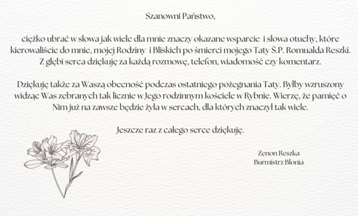 Zdjęcie do Podziękowania Burmistrza Zenona Reszki