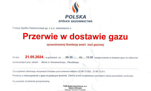 Zdjęcie do Przerwa w dostawie gazu 21.05.2024 ulice Nowakowskiego i Piłsudskiego