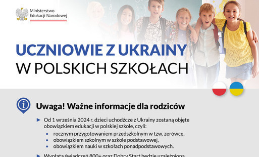 Zdjęcie do Od 1 września 2024 r. dzieci uchodźcze z Ukrainy zostaną objęte obowiązkiem edukacji w polskiej szkole!