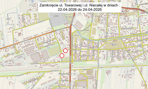 Zdjęcie do Uwaga kierowcy! Czasowe zamknięcie dr&oacute;g 22-26.04 ul. Niecała i ul. Towarowa 