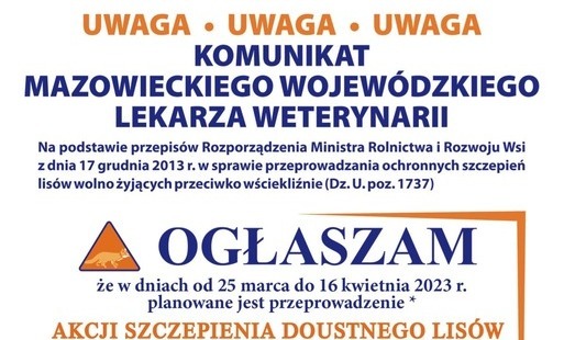 Zdjęcie do Akcja szczepienia lis&oacute;w na terenie wojew&oacute;dztwa mazowieckiego w dniach od 25.03 do 16.04.2023 r. 