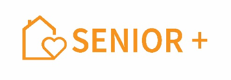 logo programu Senior Plus - pomarańczowy napis i pomarańczowe kontury domku