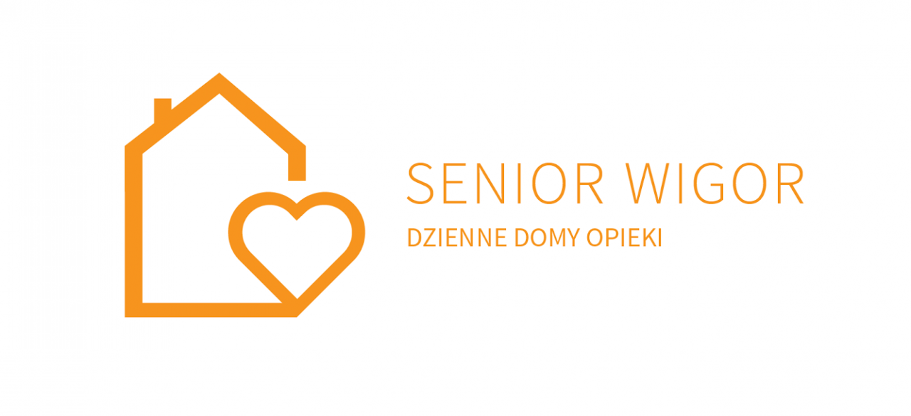 logo senior wigor, pomarańczowy domek z pomarańczowym sercem i napis Senior Wigor Dzienne Domy Opieki